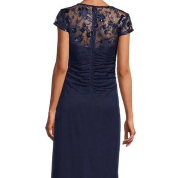 Alex Evenings Navy Blue Embroidered Illusion Evening Dress
